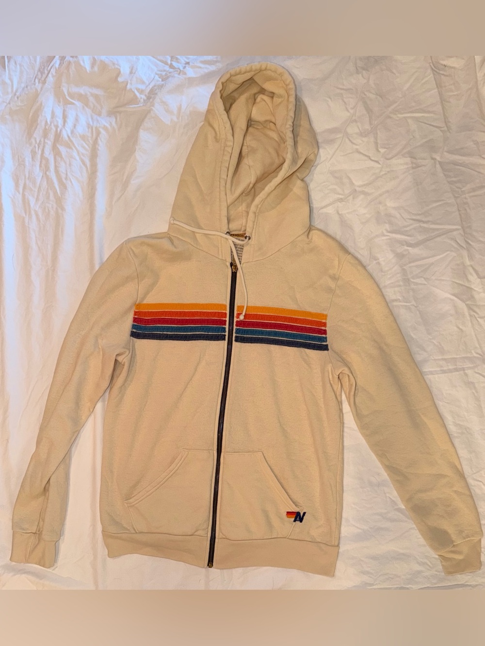Aviator Nation Cream Zip-Up Hoodie with Rainbow Chest Stripes